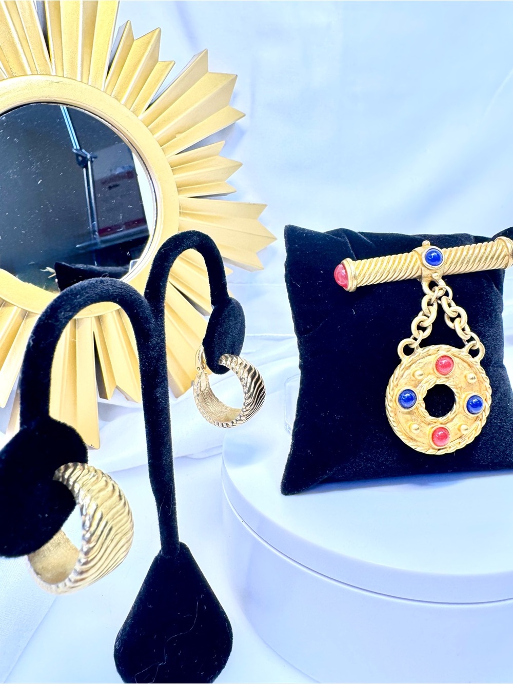 Designer Leslie Block Etruscan Brooch and Textured Hoop Crown Trifari Earrings